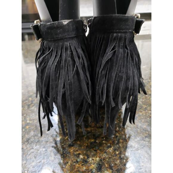 Forever Fringe Booties Women's 7.5 Black Suede Round Toe Stiletto Heel Side Zip - Picture 12 of 15